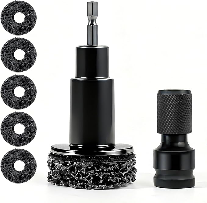 Huazu Wheel Hub Cleaning Tool, Brake Wheel Stud Cleaner, Wheel Hub Cleaning Kit with 6 Replaceable Pads, Holder & Adapter, Fits Power Drill or 1/2” Wrenches, Quick Rust Removal for Car & Truck
