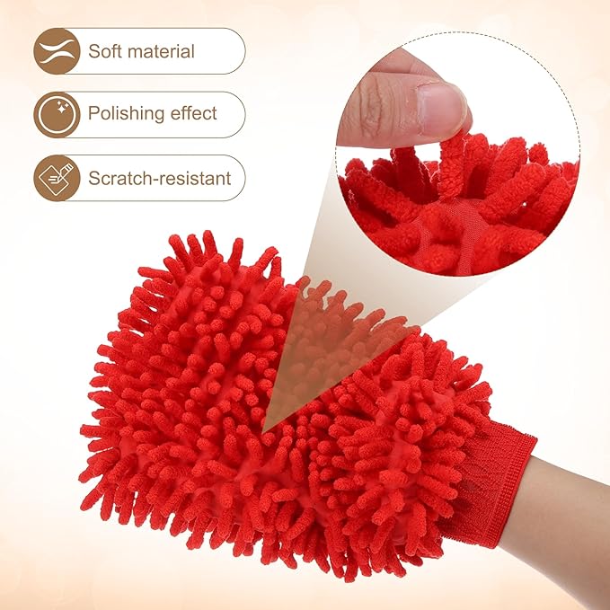 HARFINGTON 2pcs Chenille Microfiber Car Wash Mitts 9.8" x 7.9" Scratch Free Wash Gloves Absorbent Double Sided Plush Cleaning Drying Mitts for Car Washing Home Red