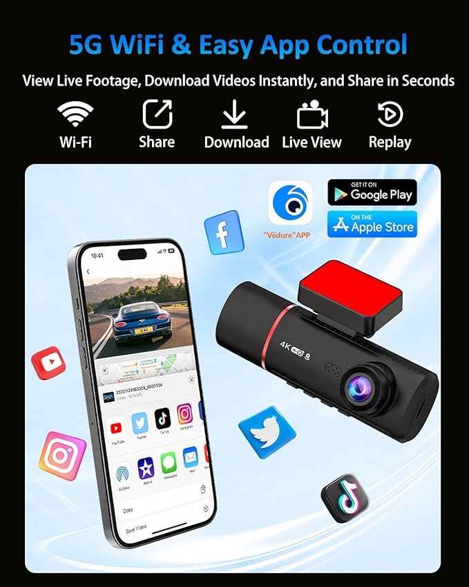 3 Channel Dash Cam Front and Rear Inside, 4K+720P+720P Dashcam, 5GHz WiFi GPS Dash Camera for Cars with 64GB Card, 24H Parking Monitor, Super Night Vision, Loop Recording, G-Sensor, WDR for Car Camera