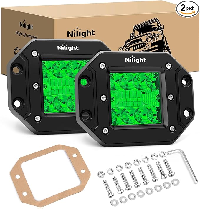 Nilight Flush Mount LED Light Pods 2 PCS 42 W Green Upgraded Spot Flood Combo Bumper Driving Fog Lights Fishing Hunting Emergency Safety Signal Light for UTV Pickup Van Boat Tractor