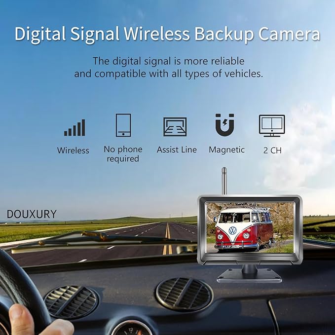Wireless Backup Camera Solar Magnetic for RV Car Trailer Truck Camper 5th Wheels Hitch Towing No Wiring No Drilling Rechargeable Night Vision Portable Backup Camera with 5" 1080P HD 2-Split Monitor