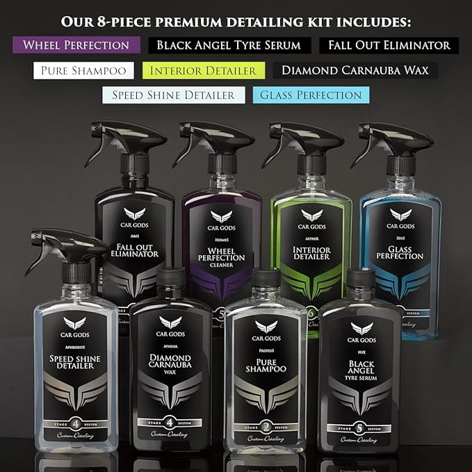 Car Gods 8 Piece Car Cleaning Detailing Kit - Shampoo - Carnauba Wax - Wheel Cleaner - Shine Detailer - Fallout Eliminator - Tyre Serum - Interior Detailer - Glass Cleaner