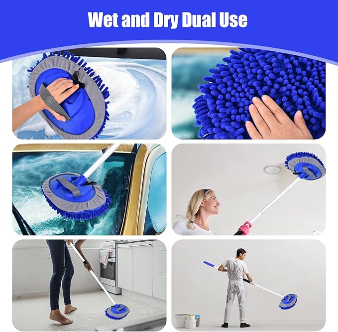 62" Car Wash Brush with Long Handle and Car Wash Brush Microfiber Car Cleaning Brush Kit for Car RV Truck Cleaning 1 Chenille Scratch-Free Replacement Head with Aluminum Alloy Pole (Blue)