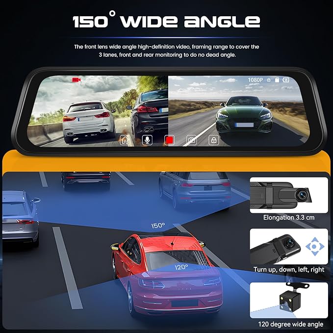 CAMECHO Mirror Dash Cam, 9.66" 1080P FHD IPS Touch Screen Rear View Mirror Camera, Front and Backup Camera for Cars, Dashcam Night Vision, Loop Recording, Wide Angle, Parking Assistance