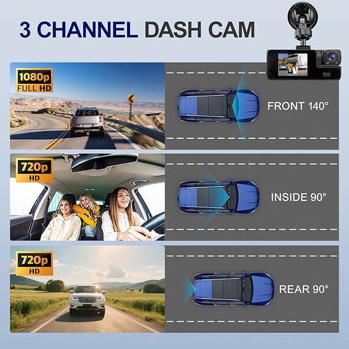 1080P 3 Channel Dash Cam Front and Rear Cabin Recording, 2.0" IPS Screen Camara para Carro, G-Sensor, Night Vision Loop Recording, Motion Detection, Heatproof, Electronics Max 64GB Support
