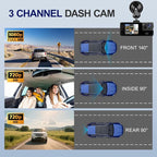 1080P 3 Channel Dash Cam Front and Rear Cabin Recording, 2.0" IPS Screen Camara para Carro, G-Sensor, Night Vision Loop Recording, Motion Detection, Heatproof, Electronics Max 64GB Support