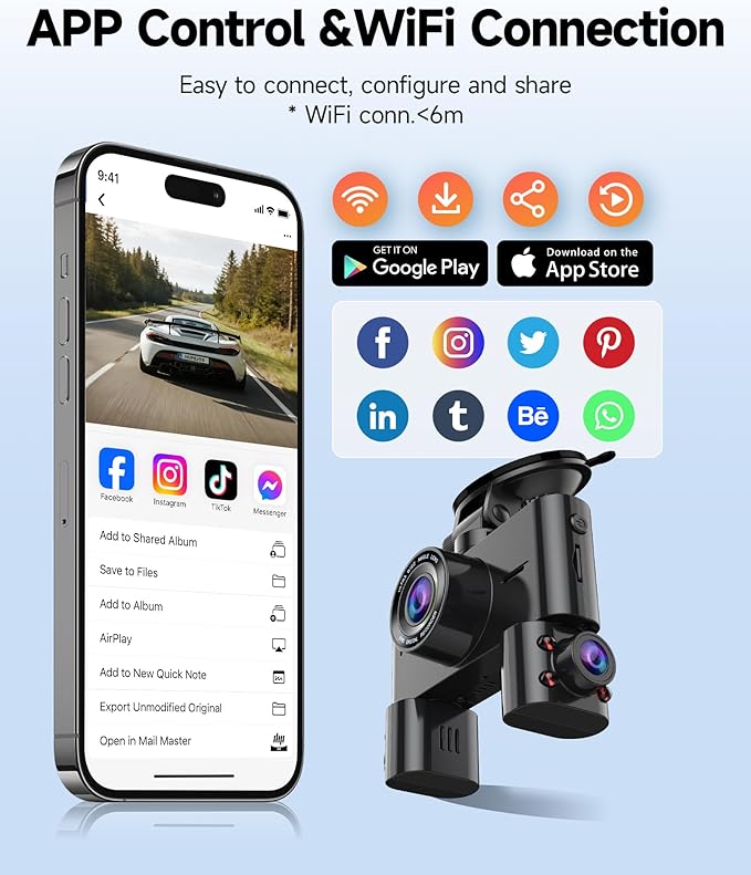 360° Dash Cam Front and Rear Inside, 4 Channel Dash Camera for Cars FHD 1080Px4, Built-in Wi-Fi, 3.16” IPS Screen, WDR Night Vision, Voice Control, Free 64GB Card, 24H Parking Mode