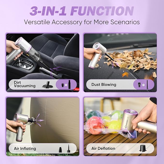 SakerPlus Mini Vacuum Cleaner, 3 in 1 Cordless Handheld Vacuum Cleaners, 18000Pa High Power Car Vacuum Cleaner with Brushless Motor,Adjustable Car Vaccum Portable for Cars,Desktop (Sliver and Purple)