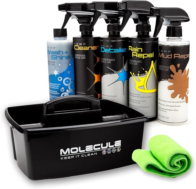 Molecule Vehicle Care Kit | Premium Vehicle Care | Competition Wash+Shine, Competition Cleaner & Detailer, Mud Repel, Rain Repel, Bottle Caddie & Microfiber Towel | 16 Ounce Kit