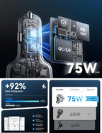 75W Car Charger USB C, 4 Port Super Fast Cigarette Lighter USB Charger, Type C 60W & QC 3.0 Multiport Car Phone Adapter Accessories for iPhone 17/16/15/14/13/12 Pro Samsung S26 Series, Titanium