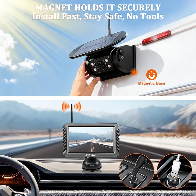 Magnetic Solar Wireless Backup Camera with 5" HD Monitor, 1-Min Zero-Install for RV Truck Trailer, 320ft Signal Range, 15000mAh Battery & 5W Solar Panel Back Up Camera X5