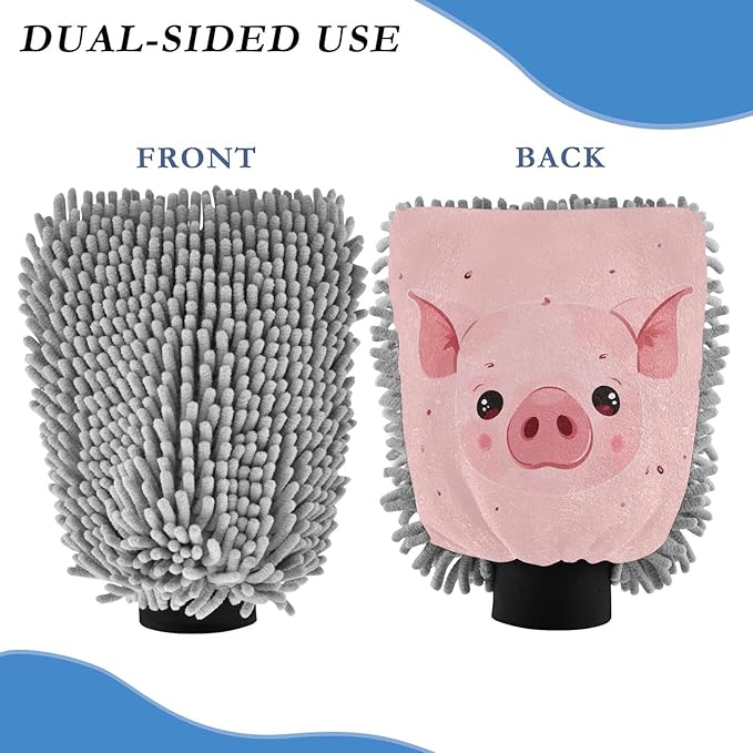 YETTASBIN Pink Pig 2PCS Car Wash Mitts, Ultra Absorbent Chenille Microfiber Car Washing Gloves, Scratch-Free Lint-Free Auto Cleaning Mitt, Machine Washable Elastic Cuff Car Wash Sponge