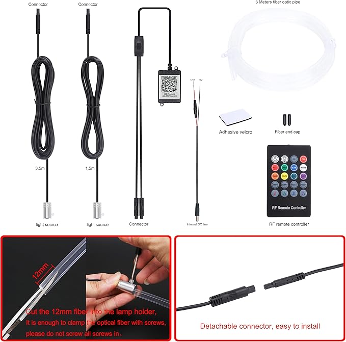 Car Ambient Lighting Optic Fiber 64 Colors Music Sound Active with RF Remote Controller + APP Control Car Decorative Atmosphere Lighting Kit DC 12V 1W 3m