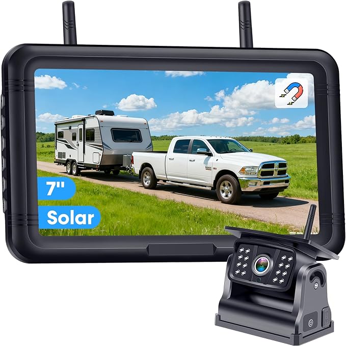 Wireless Solar Backup Camera for Trailer: Long-Range Signal Magnetic Backup Camera for Travel Trailer 7-Inch DVR Monitor 1080P HD Night Vision by Rohent - A70
