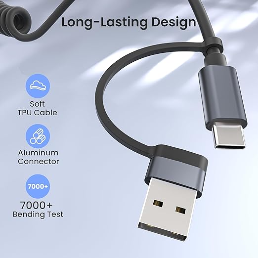 Basesailor for iPhone 17 16 Pro Max Car Charger Cord Coiled 3.3FT,4 in 1 USB C Coil 60W Multi Type C Fast Charging Cable with USB and Lightning Adapter for CarPlay,Apple 15 14 13 12,S26 S25,iPad Air 5