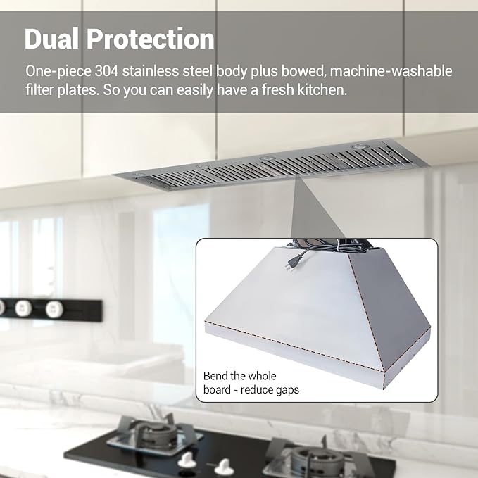 CHETTO C Range Hood 54 Inch Ultra Quiet, Powerful Suction 304 Stainless Steel Ducted Kitchen Vent Hood with 4-Speeds, Dishwasher Safe Baffle Fillters, 8" Top Vent (54 inch Stainless steel)