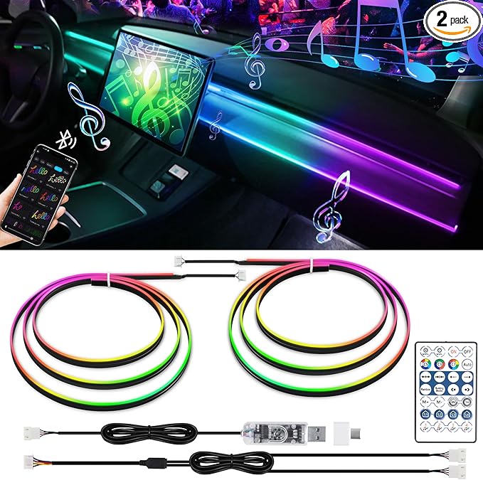 Dreamcolor Interior Acrylic Car Light Strip, 2 in 1 Car LED Strip Light with APP Control 43.3 Inches Fiber Optic Ambient Lighting Kits, Multi-Modes Sound Sync Neon Lights