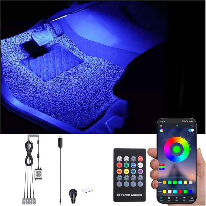 RGB Car Footwell Ambient Lighting Kit Car Charger + USB 16.7 Millions Colors Sound Active Music Sync APP Control + RF Remote Controller Car Interior Multicolored Footwell Atmosphere Light 12V
