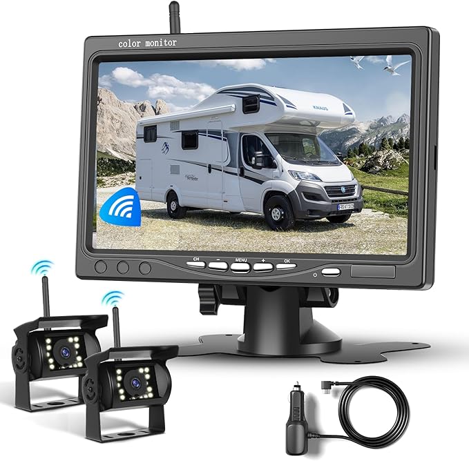 1080P HD Wireless Backup Camera System, 7-inch LCD Monitor with 2 Rearview Camera for Trailer RV Camper Truck Car Bus, DIY Guide Lines, IP68 Waterproof, Night Vision, BSD, 12V-36V