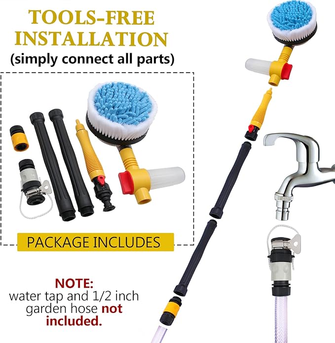 Car Wash Brush with Hose Attachment, 360 Spin Car Wash Brush with Soap Dispenser, Soft Bristle Car Cleaning Brush Mop Scrub Brush, Flow Through Car Washing Brush Kit Long Handle (Yellow)