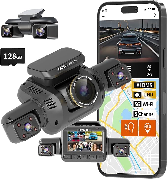 360° View 5 Channel Dash Cam Front and Rear with AI Driver Monitor System DMS, 4K Dash Camera for Cars, Built-in GPS WiFi Night Vision, Dashcam Free 128G Card, 24/7 Parking Monitor Mode, V8 Ultra-5CH