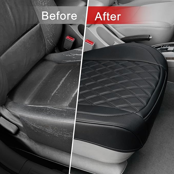 BEITK 1 Pack Leather Front Car Seat Cover Bottom Car Seat, Anti-Slip and Full Wrap Driver Car Seat Protectors, Luxury Waterproof Bottom Auto Seat Cushion Pad Mat for Most Vehicles(Black)