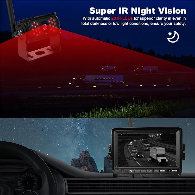 3-Camera Wireless RV Backup System, RV Backup Camera Wireless with 7'' HD Monitor for Truck, 4 Channels Split Screen, BSD Alert, 984FT Signal Range, IP69K Waterproof IR Night Vision, DIY Guide Lines