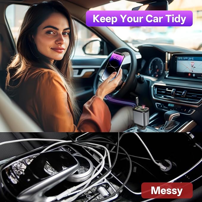 Retractable Car Charger, 4 in 1 Fast Charging Car Charger USB-C & USB-A Compatible with iPhone 16/15/14/13/12/11/X,Galaxy,Pixel