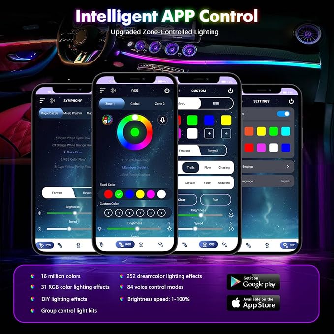 Dreamcolor Acrylic Car Ambient Lighting Kit 14 in 1 LED Interior Car Strip Lights APP Control Zoned Control System 252 Color Modes DIY Neon Wireless Sound Activated RGB Neon Light Kits New Version