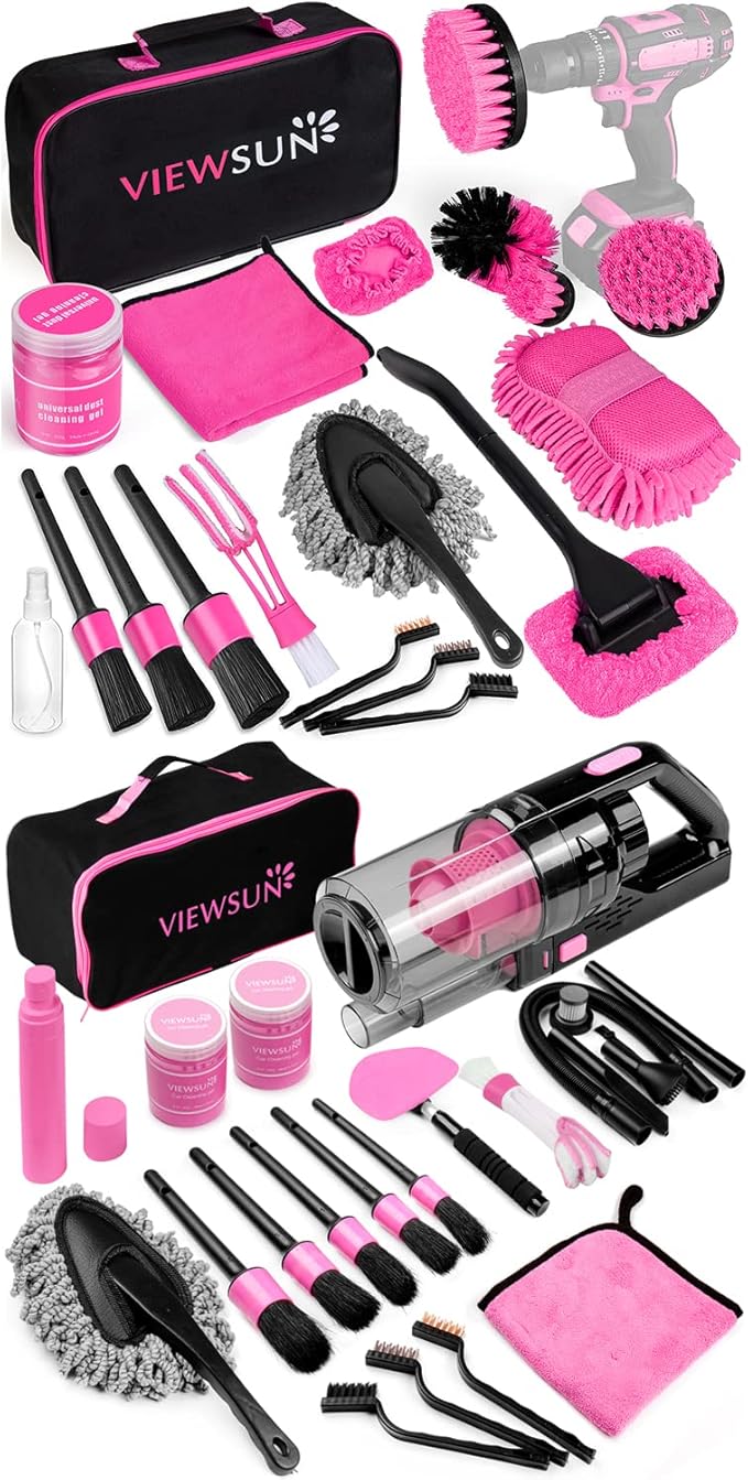 Viewsun 37pcs Car Cleaning Kit, Pink Car Interior Detailing Kit with High Power Handheld Vacuum, Detailing Brush Set, Windshield Cleaner, Cleaning Gel, Complete Car Cleaning Supplies for Women