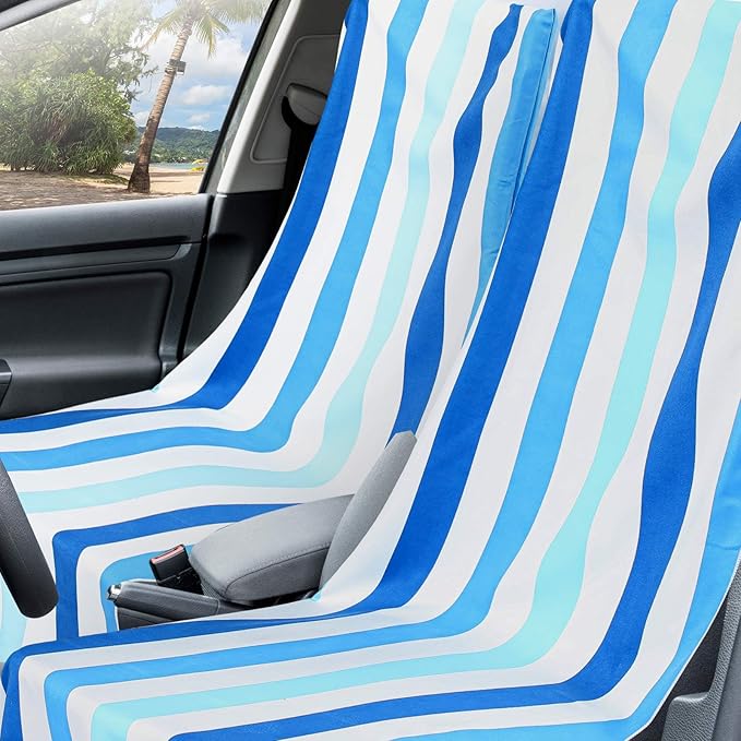 Hahafelt 2 Pack Car Seat Towel Covers with Storage Bag, 63 x 32 Inch Universal Non Slip Waterproof Sweat Protector for Car Truck, Gym Swimming Running, Machine Washable (Blue Vertical Stripes)