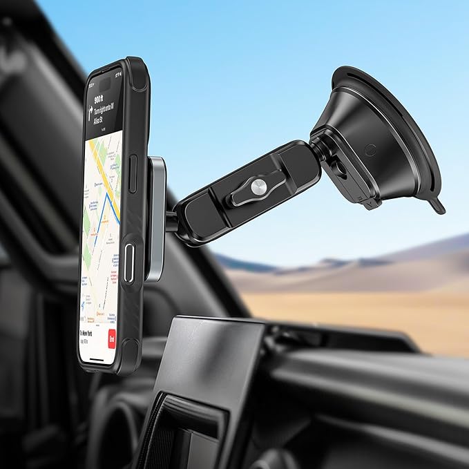 APPS2Car Heavy-Duty Vacuum Suction Phone Mount [Industrial 20x N55 Magnet, Alloy Arm, Ultra-Stable Suction Cup] for iPhone MagSafe/Samsung/Android, Magnetic Phone Holder for Car Windshield Dashboard
