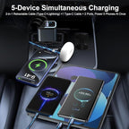 5-in-1 120W 30-Minutes Fast Flash Charging Retractable Car Charger, Wireless Bluetooth FM Transmitter, Type-C+USB-A Car Charger Adapter, Compatible with iPhone 17/16/15/14/13 Pro Max & Android Devices