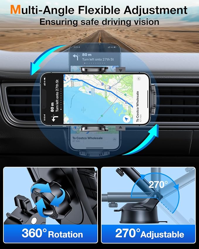 HTU 2026 Upgraded [True Military-Grade] Car Phone Holder【Safety Certs & No Smell】 Cell Phone Holder for Car Mount for Dashboard Windshield Air Vent Long Arm Thick Case,Green