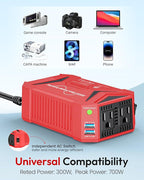 BESTEK Pure Sine Wave Power Inverter - 300W Car Plug in Charger Outlet DC 12V to 110V AC - Cigarette Lighter Adapter 4.8A Dual USB Fast Charging Ports for Laptop - Aluminum Housing - Red