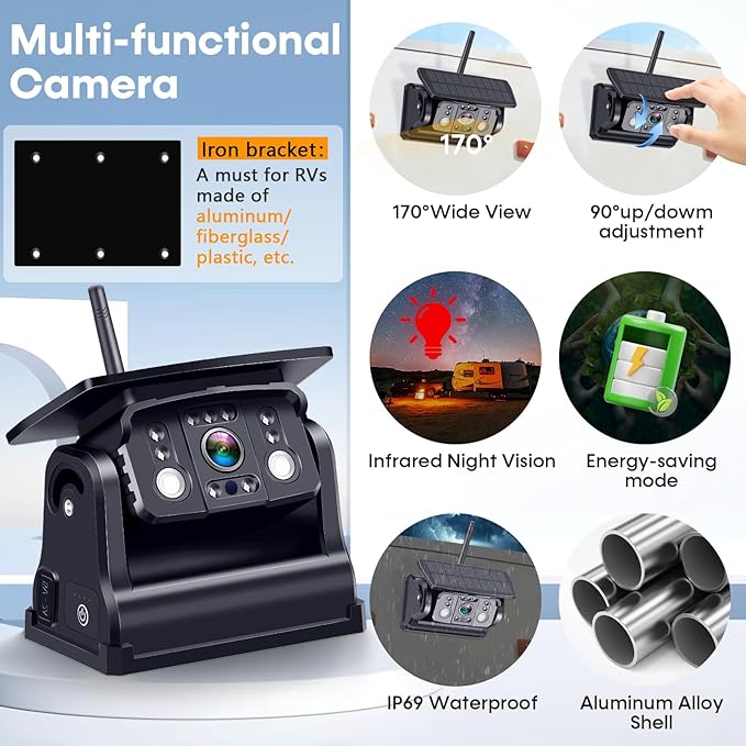 HD 1080P Magnetic Wireless Backup Camera: 1-Min Easy Install No Wiring 25H Long Battery Life for Long Travel - 7" Recording Monitor Dual Solar Backup Cameras for RV Trailer Camper Truck