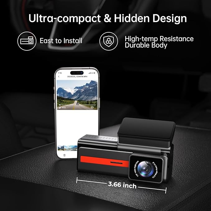 Dash Cam Front and Rear, 4K+1080P WiFi Mini Car Camera with App Control, 170° Wide Angle Dual Dashcam, Night Vision