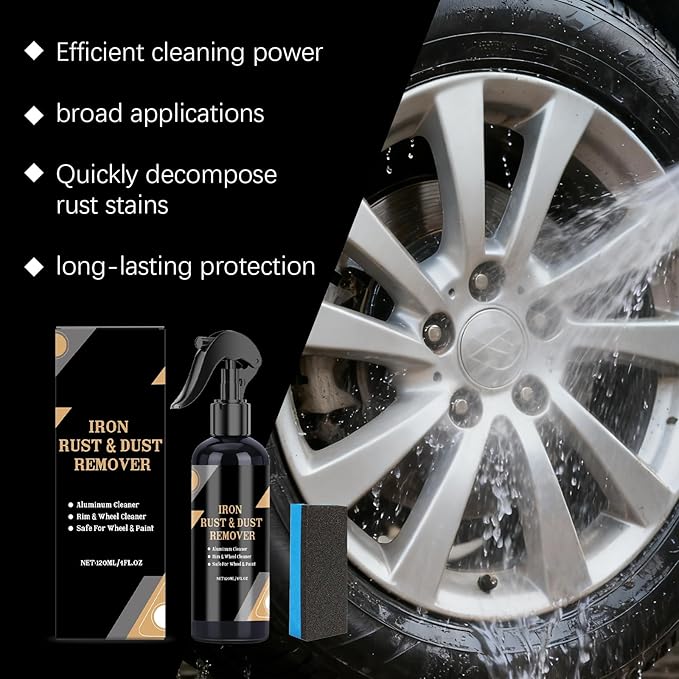 Iron Rust & Dust Remover Spray for Wheels and Rims, Aluminum Cleaner, Safe for Wheel & Paint, 120ML/4FL.OZ with Sponge