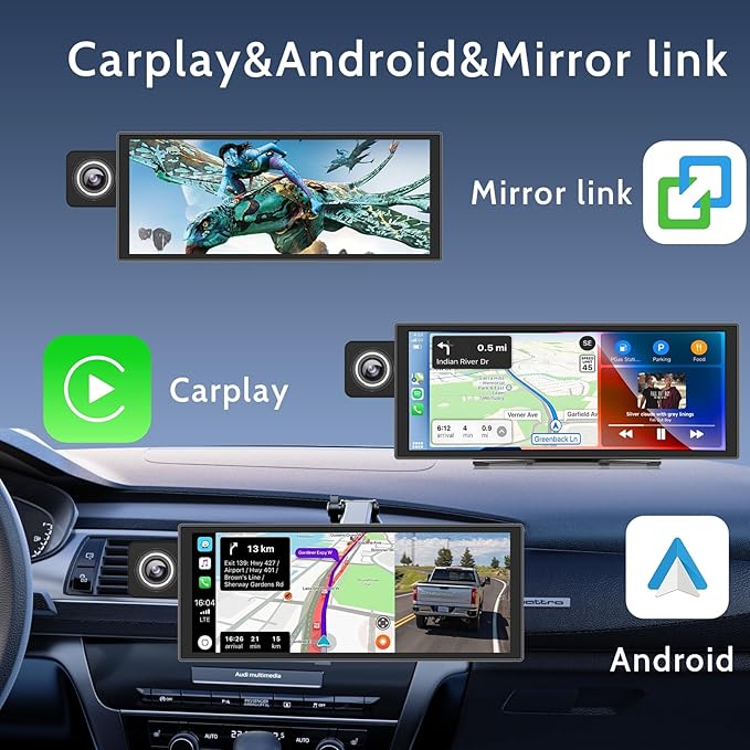 11 Inch Wireless Apple CarPlay & Android Auto Screen for Car,with 4K Dash Cam,Ultra-Light Touchscreen, IP68 1080P Backup Camera, GPS Navigation, Voice Control, Mirror Link(No Card)