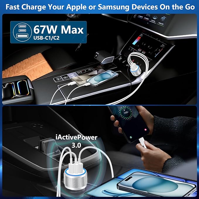 USB C Car Charger, Rombica 2Pack 3Port 67W Dual USB-C&USB-A Car Power Cigarette Lighter USB Charger 3 in 1 PD/QC Type C Car Charger Fast Charge for iPhone 17 17 Pro 16 15 14 13 12/Galaxy S26 S25/Pixel
