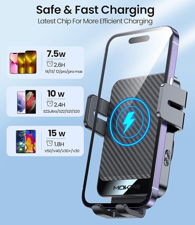 Wireless Car Charger, MOKPR 15W Fast Charging Auto-Clamping Car Mount Universal Hands-Free Car Charger Mount for Dash Windshield Air Vent Compatible with iPhone 16 15/14/13/12, Samsung S23/S22/S21,etc