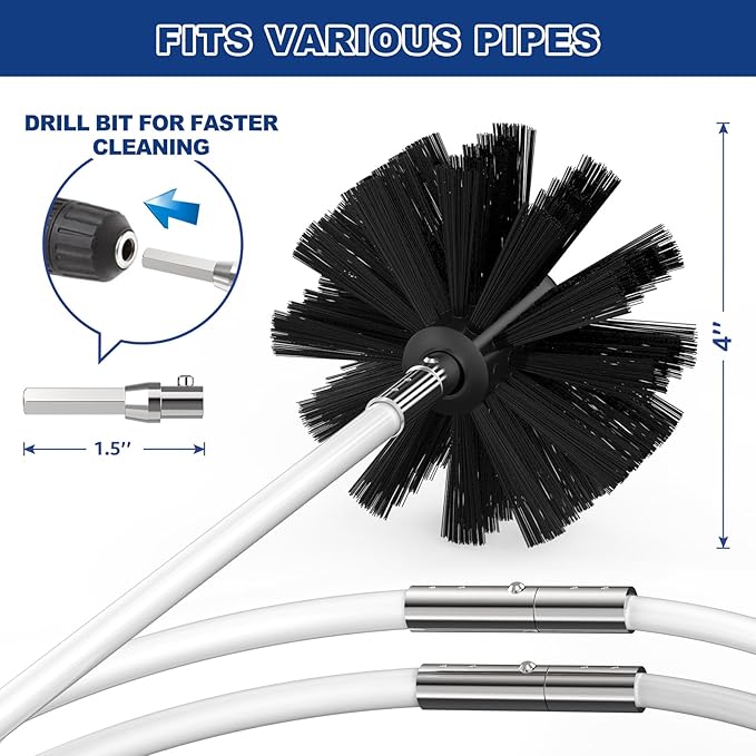 PetOde 32 Feet Dryer Vent Cleaner Kit, Enhanced Flexible Quick Snap Brush with Drill Attachment for Effective Cleaning, 360 Degree Rotation Without Loosening, Use with or Without a Power Drill