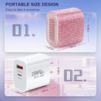 Aolcev for iPhone Charger Fast Charging Bling 2 in 1 USB A USB C Charger Block 25W Type C Fast Charging Blocks for iPhone 17 16 15 14 13 iPad Bling USB C Adapter for Galaxy S26 S25 Rhinestones Pink