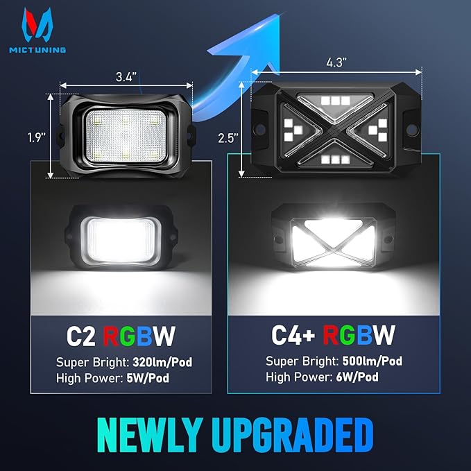 MICTUNING C4+ RGBW Rock Lights, 8 Pods 360° Ultra Bright Pure Color Underglow Neon Lights, Bluetooth APP Control & Music Mode, IP68 Waterproof, for Trucks Cars ATV UTV Golf Cart (2 Year Warranty)