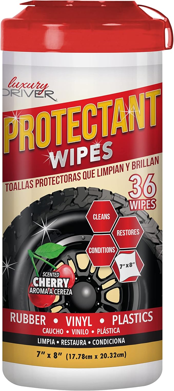 Car Wipes Interior Cleaning Protectant for Dashboard for Tires for Shine and Vinyl Protectant for Plastic for Dash Cleaning for UV and Fading by Luxury Driver - Cherry Scented (36ct Canister)