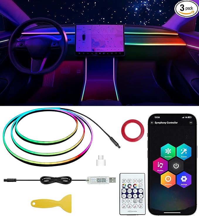 KENANEK 55.12Inch Tesla Interior Lights, 5V USB & Type-C Powered, Acrylic Interior Car LED Strip Lights, App Controlled Music Sync, OEM-Style Ambient Lighting with Dreamcolor Effects