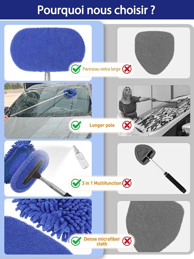 3 in 1 Car Windshield Cleaner Tool 40”Car Rearview Mirror Wiper Squeegee Wash Brush Extra Large Washable Microfiber Pad Extendable Handle Auto Window Glass Cleaning Kit Interior Exterior Dusting
