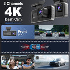 4K 3 Channel Dash Cam with 64GB Card, 4K+1080P+1440P Dash Cam Front and Rear Inside, Dash Camera for Cars with Motion Detection, 24H Parking Mode, Super Night Vision, Loop Recording
