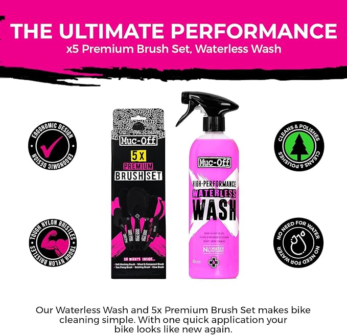 Muc-Off Waterless Bike Wash 750ml + 5x Premium Brush Set | No Water Bike Cleaner with Biodegradable Formula | Spray and Wipe Easy Bike Cleaning | Streak-Free Spray Cleaner Safe on Carbon Fibre