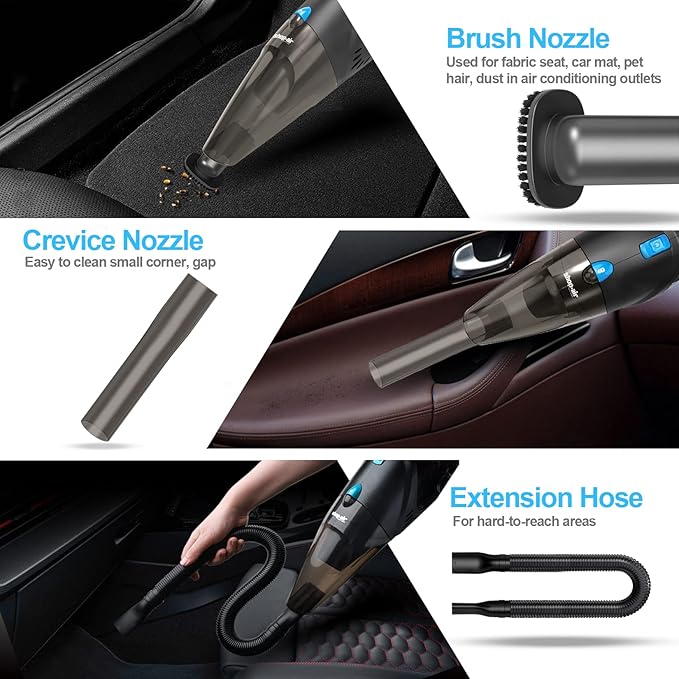 Car Vacuum Cleaner, 12V/106W High Power Handheld Portable Car Vacuum with 16 Ft Cord, Attachments, Filters and Storage Bag, Suitable for Car (Blue Button)